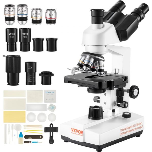 Compound Trinocular Microscope 40X-5000X Dual Layer Mechanical Stage External Interface LED Illumination with Microscope Slides
