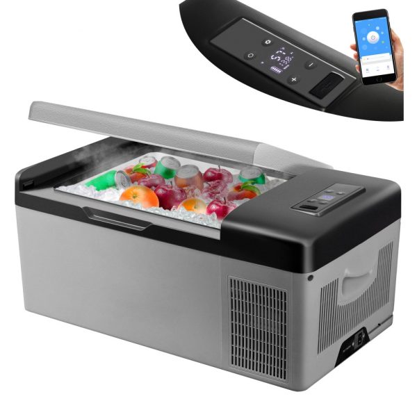 Portable 12V 16 Qt Mini Fridge with App Control -4°F to 68°F Cooling Electric Compressor 12/24V DC 110-240V AC for Truck RV Boat Outdoor Home Use Grey