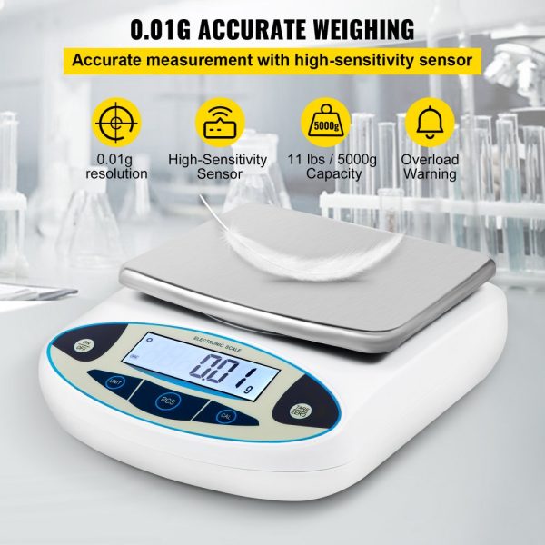 5000g High Precision Digital Analytical Balance with 0.01g Accuracy 13 Unit Conversions Counting Function and LCD Display for Laboratory Educational and Jewelry Use - Image 3