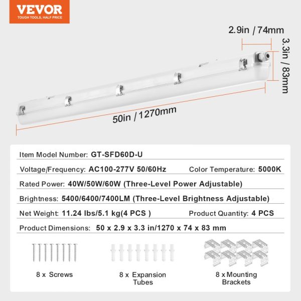 4PCS 4FT LED Vapor Tight Light 60W/50W/40W Selectable 5400/6400/7400LM - Image 6
