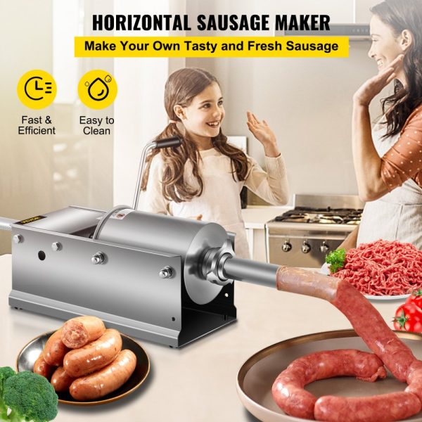 3L (7 lbs) Horizontal Sausage Stuffer Manual Sausage Maker with 5 Filling Nozzles Stainless Steel - Image 2
