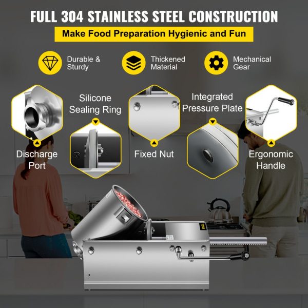 3L (7 lbs) Horizontal Sausage Stuffer Manual Sausage Maker with 5 Filling Nozzles Stainless Steel - Image 3