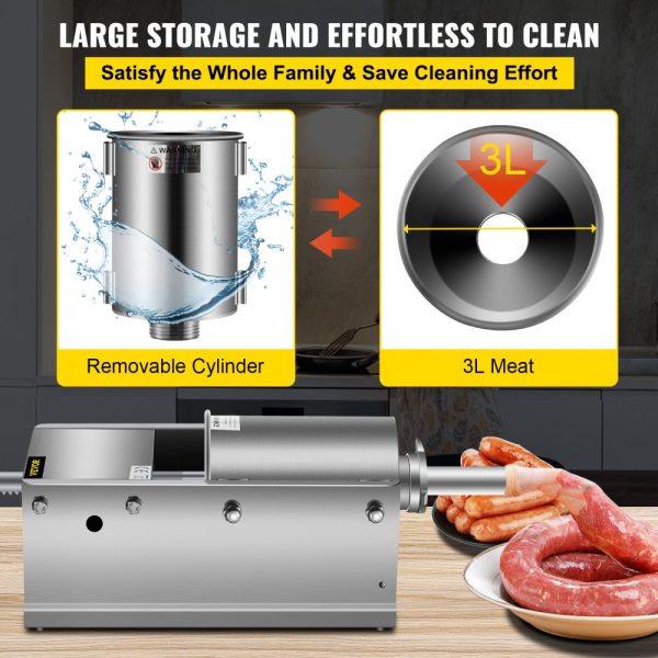 3L (7 lbs) Horizontal Sausage Stuffer Manual Sausage Maker with 5 Filling Nozzles Stainless Steel - Image 6