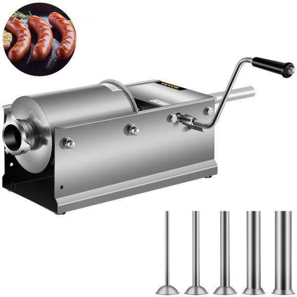 3L (7 lbs) Horizontal Sausage Stuffer Manual Sausage Maker with 5 Filling Nozzles Stainless Steel