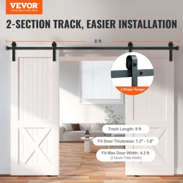 8FT Sliding Barn Door Track Kit 330LB Heavy Duty for Double Doors 3.7-4.3FT Wide 1.3-1.8 Thick Smooth Silent Pulley J Shape - Image 2