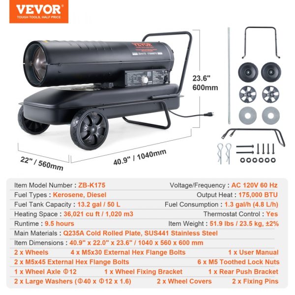 Kerosene Forced Air Heater 175000 BTU Portable 13.2 Gallon Tank Energy Efficient Heavy Duty for Indoor Outdoor Use - Image 7