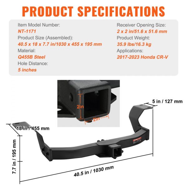 Class 3 Trailer Hitch 2-Inch Receiver Q455B Steel Frame 2017-2023 Honda CR-V 6000 lbs Multi-Fit Hitch Ball Mount Cargo Carrier Bike Rack Tow Hook Black - Image 7