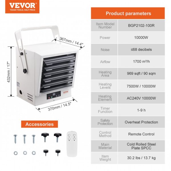 Electric Garage Heater 10000 Watt Digital Wall or Ceiling Mount Remote Control Overheat Protection 9-Hour Timer Shop Heater ETL Listed - Image 7