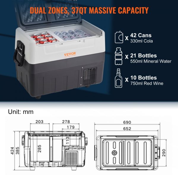 12V Car Refrigerator 37 QT/35 L Dual Temperature Zone Portable Freezer Adjustable -4℉-50℉ 12/24V DC & 100-240V AC Compressor Cooler for Outdoor Camping Travel RV - Image 5