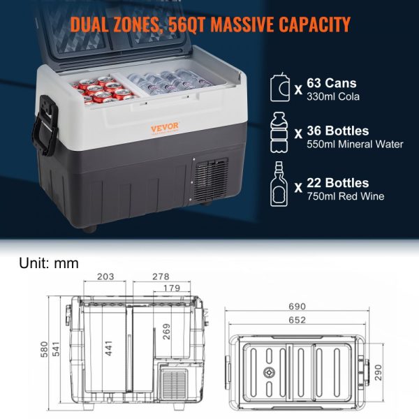 12V Car Fridge - 58QT/55L Dual-Zone Portable Freezer with Adjustable -4℉ to -50℉ Range, 12/24V DC & 100-240V AC for Outdoor, Camping, Travel, RV Use - Image 5