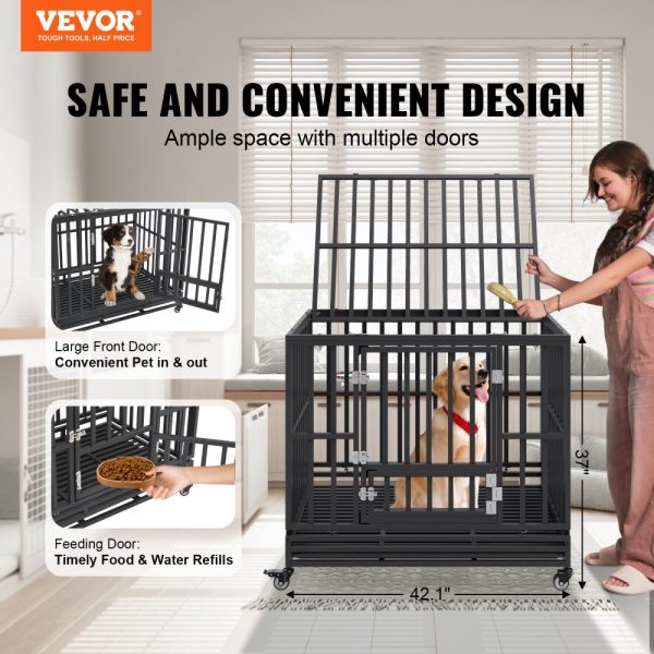 42 Inch Sturdy Steel Dog Crate, 3-Door Heavy Duty Kennel with Lockable Wheels and Removable Tray for Medium to Large Dogs, Anxiety Relief Indoors and Outdoors - Image 2