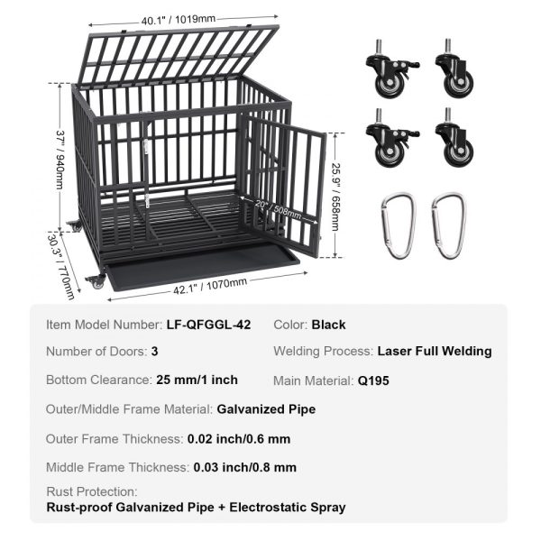 42 Inch Sturdy Steel Dog Crate, 3-Door Heavy Duty Kennel with Lockable Wheels and Removable Tray for Medium to Large Dogs, Anxiety Relief Indoors and Outdoors - Image 7