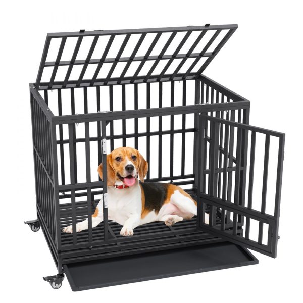42 Inch Sturdy Steel Dog Crate, 3-Door Heavy Duty Kennel with Lockable Wheels and Removable Tray for Medium to Large Dogs, Anxiety Relief Indoors and Outdoors