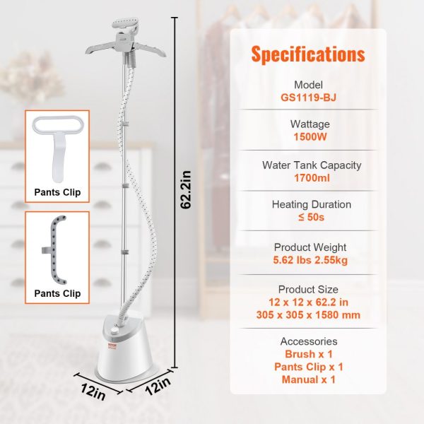Standing Steamer with Foldable Hanger 0.5Gallon Tank 90Min Steam 45Sec Heat-Up Auto-Stop Fabric Brush Rod Easy-roll Wheels - Image 7