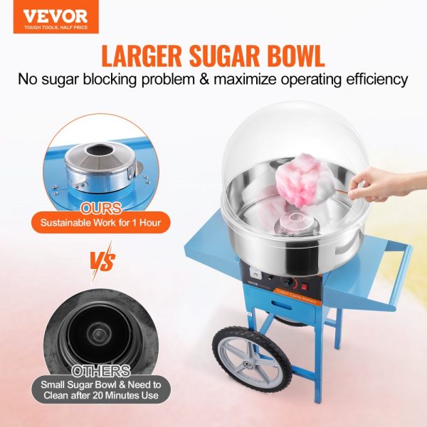 Electric Candy Floss Machine with Cart 1000W Commercial Home Use Stainless Steel Bowl Sugar Scoop Drawer Blue - Image 2