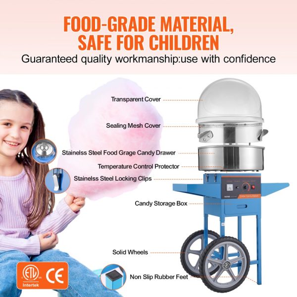 Electric Candy Floss Machine with Cart 1000W Commercial Home Use Stainless Steel Bowl Sugar Scoop Drawer Blue - Image 4