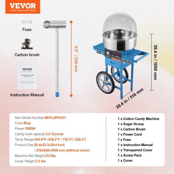 Electric Candy Floss Machine with Cart 1000W Commercial Home Use Stainless Steel Bowl Sugar Scoop Drawer Blue - Image 7