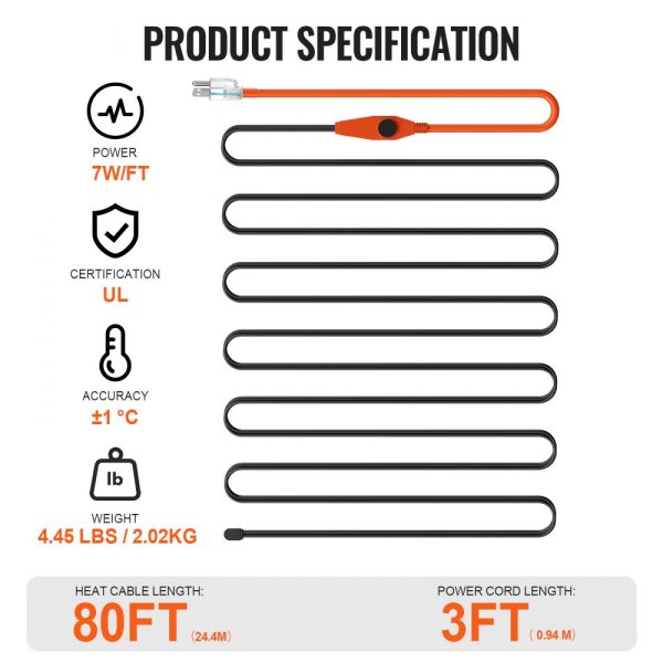 Pipe Heating Cable 80FT 7W/FT Heat Tape for Pipes with Built-in Thermostat - Image 7