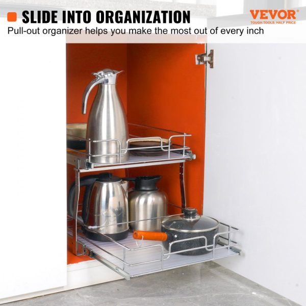 2-Tier 17W x 21D Pull Out Cabinet Organizer Heavy Duty Slide Out Pantry Shelves Chrome Plated Steel Roll Out Drawers for Kitchen Cabinets Bathrooms and Under Sinks - Image 2