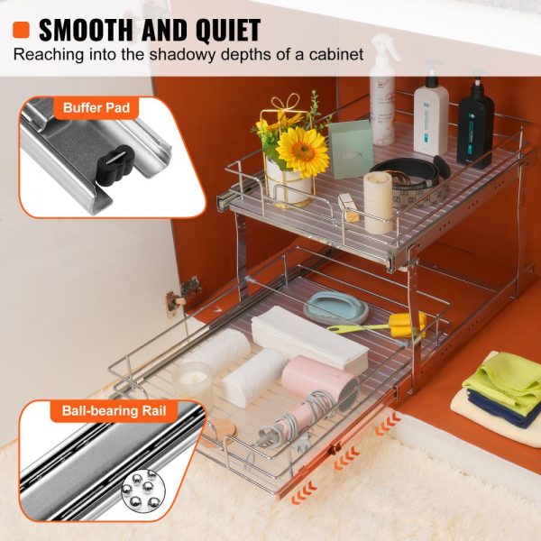 2-Tier 17W x 21D Pull Out Cabinet Organizer Heavy Duty Slide Out Pantry Shelves Chrome Plated Steel Roll Out Drawers for Kitchen Cabinets Bathrooms and Under Sinks - Image 3