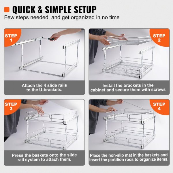 2-Tier 17W x 21D Pull Out Cabinet Organizer Heavy Duty Slide Out Pantry Shelves Chrome Plated Steel Roll Out Drawers for Kitchen Cabinets Bathrooms and Under Sinks - Image 5