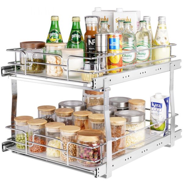2-Tier 17W x 21D Pull Out Cabinet Organizer Heavy Duty Slide Out Pantry Shelves Chrome Plated Steel Roll Out Drawers for Kitchen Cabinets Bathrooms and Under Sinks