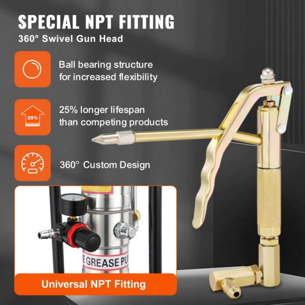 3 Gallon 12L Air Operated Grease Pump with 13ft Hose Grease Gun and Wheels 50:1 Pressure Ratio Portable Lubrication Pump - Image 3