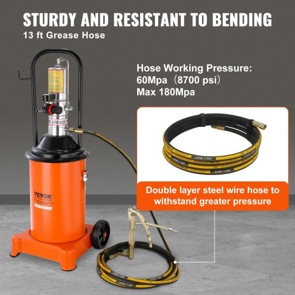 3 Gallon 12L Air Operated Grease Pump with 13ft Hose Grease Gun and Wheels 50:1 Pressure Ratio Portable Lubrication Pump - Image 4