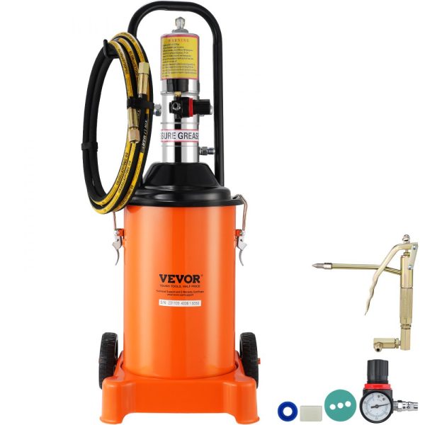 3 Gallon 12L Air Operated Grease Pump with 13ft Hose Grease Gun and Wheels 50:1 Pressure Ratio Portable Lubrication Pump