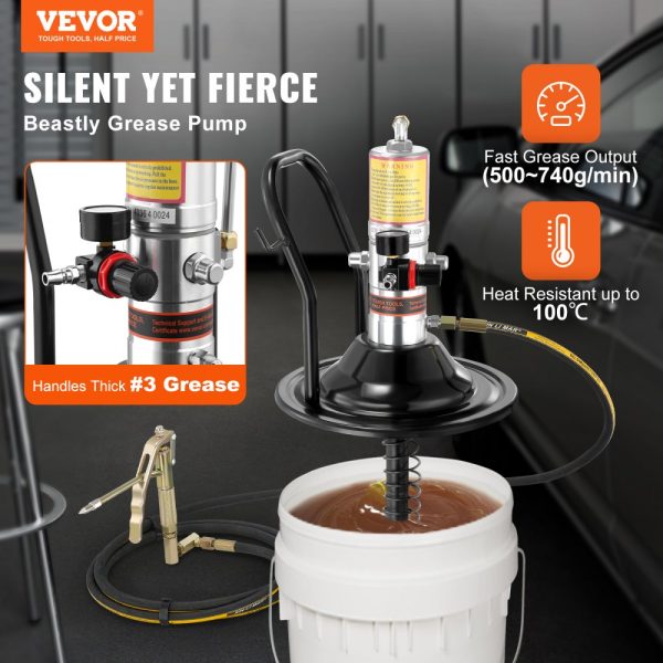 50:1 Air Operated Grease Pump with 13ft High Pressure Hose, Pneumatic Grease Gun with Barrel Cap, Portable Lubrication Pump featuring 360° Rotating Gun Head - Image 2