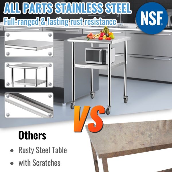 Heavy Duty Stainless Steel Worktable 24x24x36 Inch 600lbs Capacity with Adjustable Undershelf and Universal Wheels for Commercial Use - Image 3