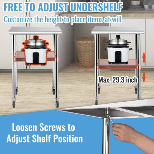 Heavy Duty Stainless Steel Worktable 24x24x36 Inch 600lbs Capacity with Adjustable Undershelf and Universal Wheels for Commercial Use - Image 5