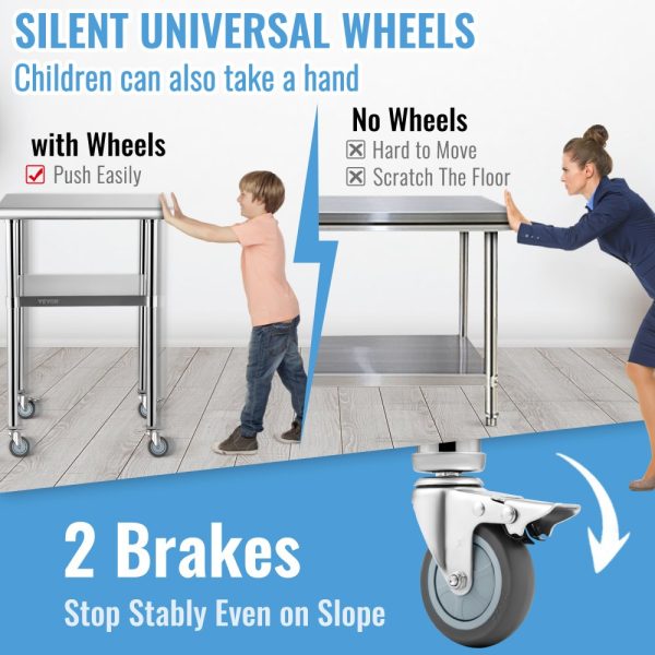Heavy Duty Stainless Steel Worktable 24x24x36 Inch 600lbs Capacity with Adjustable Undershelf and Universal Wheels for Commercial Use - Image 6