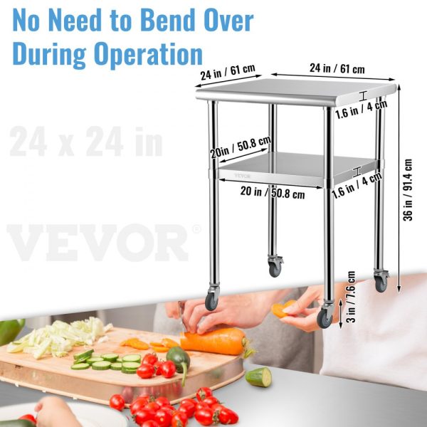 Heavy Duty Stainless Steel Worktable 24x24x36 Inch 600lbs Capacity with Adjustable Undershelf and Universal Wheels for Commercial Use - Image 7