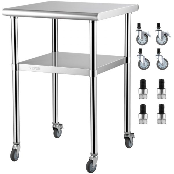 Heavy Duty Stainless Steel Worktable 24x24x36 Inch 600lbs Capacity with Adjustable Undershelf and Universal Wheels for Commercial Use