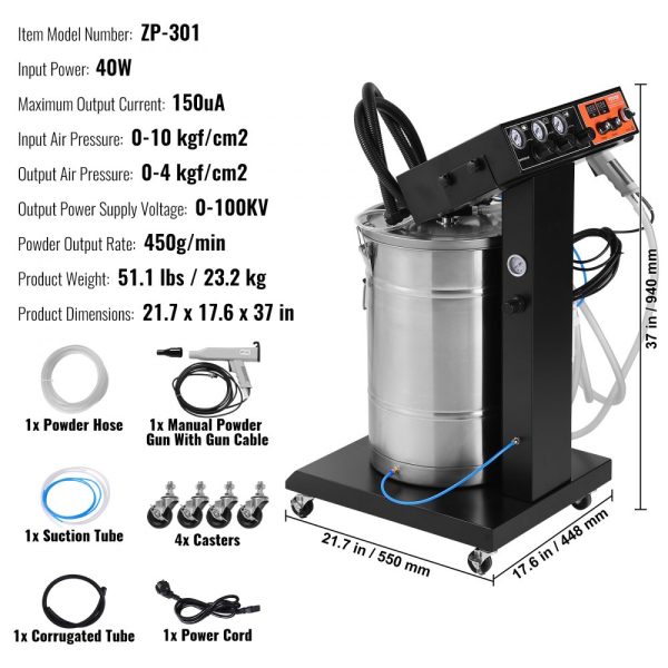 40W 100KV Electrostatic Powder Coating System 50L Hopper 450g Per Minute Coating Machine with Spray Gun and Trolley Base for Indoor Outdoor Use - Image 7