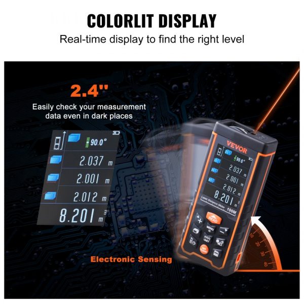 Laser Distance Measure 328ft ±1/16'' Accuracy 100 Group Storage 2.4'' Color LCD Screen Pythagorean Mode for Distance Area Volume - Image 4