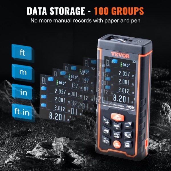 Laser Distance Measure 328ft ±1/16'' Accuracy 100 Group Storage 2.4'' Color LCD Screen Pythagorean Mode for Distance Area Volume - Image 5