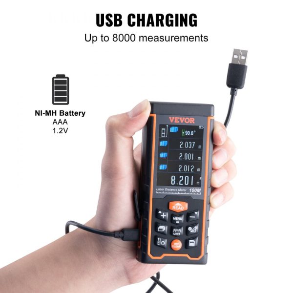 Laser Distance Measure 328ft ±1/16'' Accuracy 100 Group Storage 2.4'' Color LCD Screen Pythagorean Mode for Distance Area Volume - Image 6