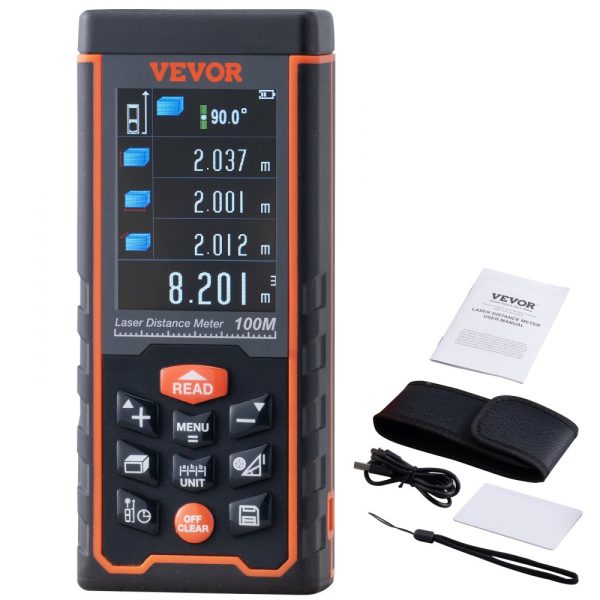 Laser Distance Measure 328ft ±1/16'' Accuracy 100 Group Storage 2.4'' Color LCD Screen Pythagorean Mode for Distance Area Volume