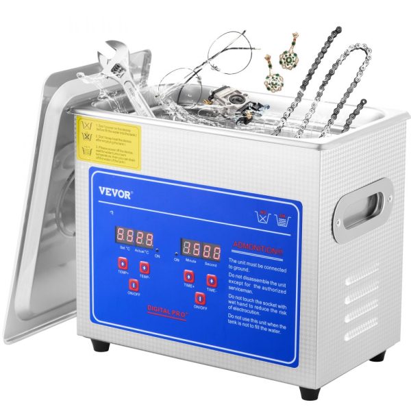 Digital Timer Ultrasonic Cleaner with Stainless Steel Heating for Jewelry, Glasses, Watches, Rings, Small Parts, and Circuit Boards 3L