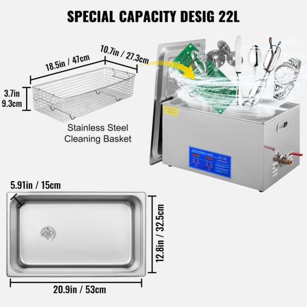 22L Industrial Ultrasonic Cleaner with Digital Timer and Heater 40kHz Professional Cleaning for Wrench Tools and Industrial Parts - Image 6