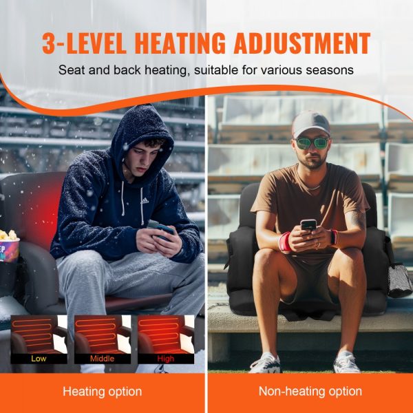 Double Heated Stadium Seat With Backrest 3 Level Heating Wide Seat Folding Reclining Chair With Cupholder & Pocket Hook Perfect for Sports Events Beach Concerts - Image 3