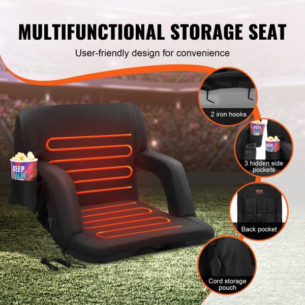 Double Heated Stadium Seat With Backrest 3 Level Heating Wide Seat Folding Reclining Chair With Cupholder & Pocket Hook Perfect for Sports Events Beach Concerts - Image 4