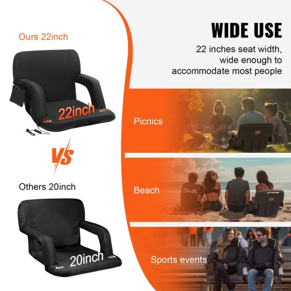 Double Heated Stadium Seat With Backrest 3 Level Heating Wide Seat Folding Reclining Chair With Cupholder & Pocket Hook Perfect for Sports Events Beach Concerts - Image 6