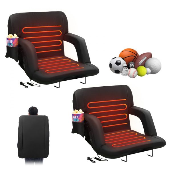 Double Heated Stadium Seat With Backrest 3 Level Heating Wide Seat Folding Reclining Chair With Cupholder & Pocket Hook Perfect for Sports Events Beach Concerts