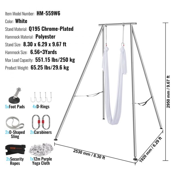 Aerial Yoga Frame with Professional Swing Stand 9.67ft Height 6.6Yds Hammock 551.15lbs Capacity Indoor Outdoor Aerial Yoga Rig White - Image 7