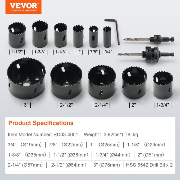 Hole Saw Set with 11 Blades, 2 Drill Bits, Hex Wrench, M42 Bimetal, 3/4 to 3, Portable Carrying Case, for Wood, Plastic, Metal - Image 7