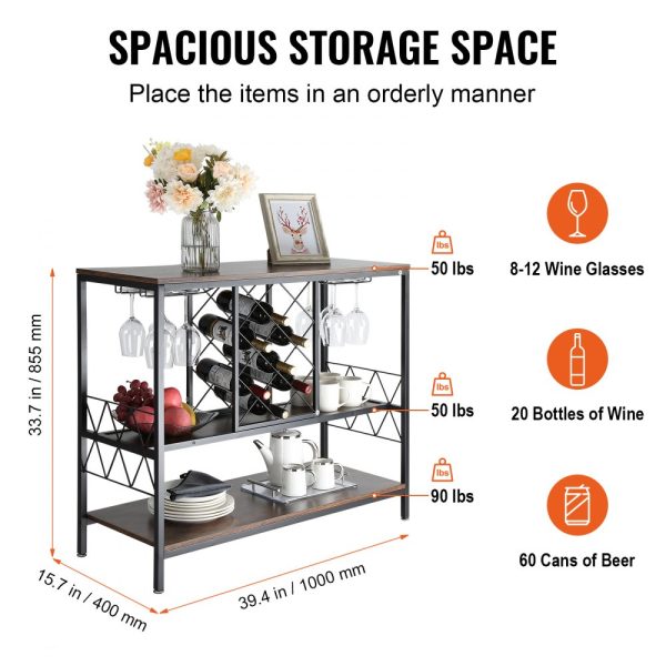 Industrial Bar Cabinet Wine Bar Home Table with Wine Rack & Glass Holder - Image 3