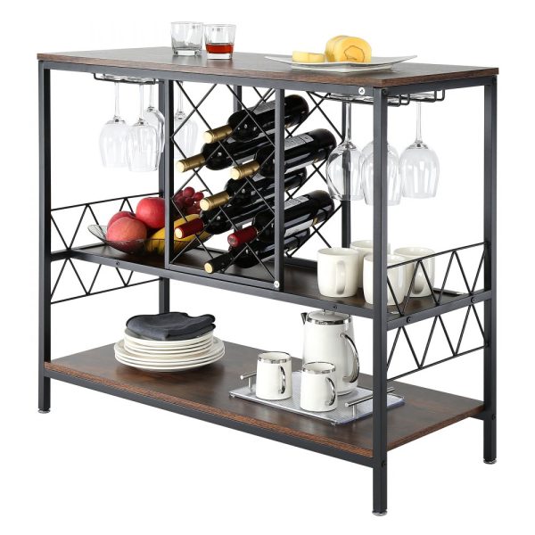 Industrial Bar Cabinet Wine Bar Home Table with Wine Rack & Glass Holder